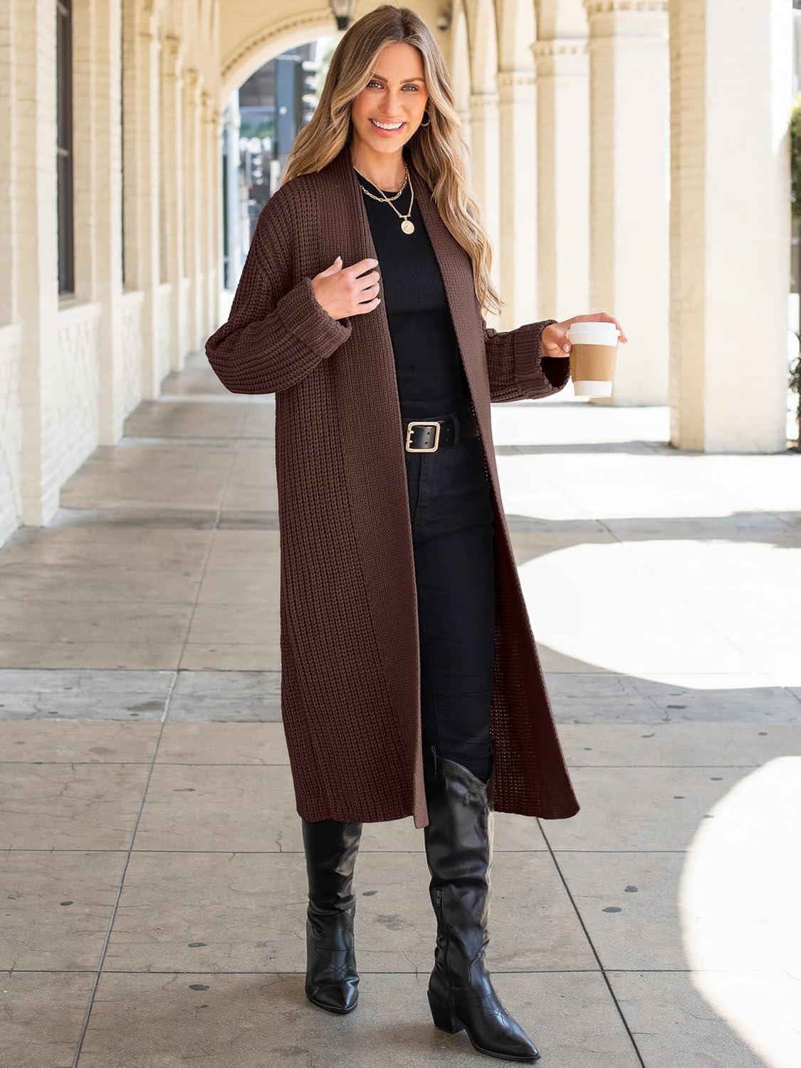 imageANRABESS Women Knit Long Cardigan Long Sleeve Open Front Lapel Oversized Sweater Coat 2025 Fall Duster Outerwear ClothesRed Brown