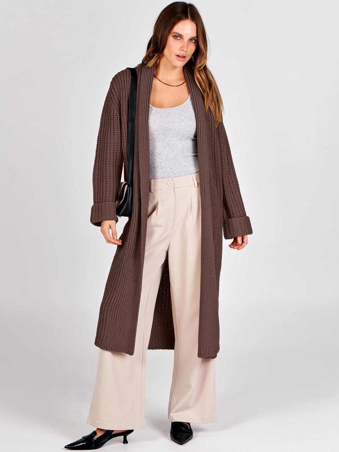 imageANRABESS Women Knit Long Cardigan Long Sleeve Open Front Lapel Oversized Sweater Coat 2025 Fall Duster Outerwear ClothesRed Brown