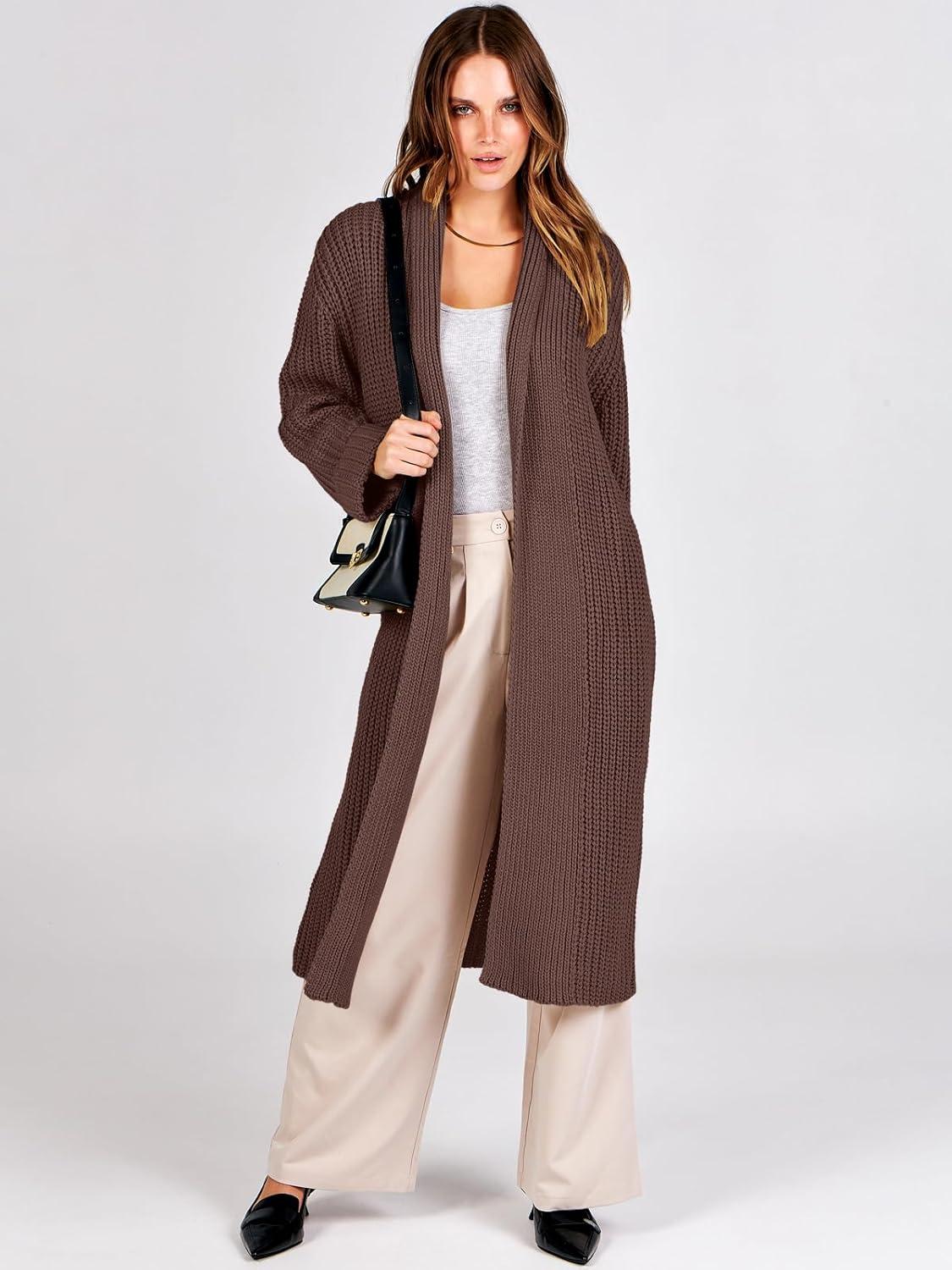 imageANRABESS Women Knit Long Cardigan Long Sleeve Open Front Lapel Oversized Sweater Coat 2025 Fall Duster Outerwear ClothesRed Brown