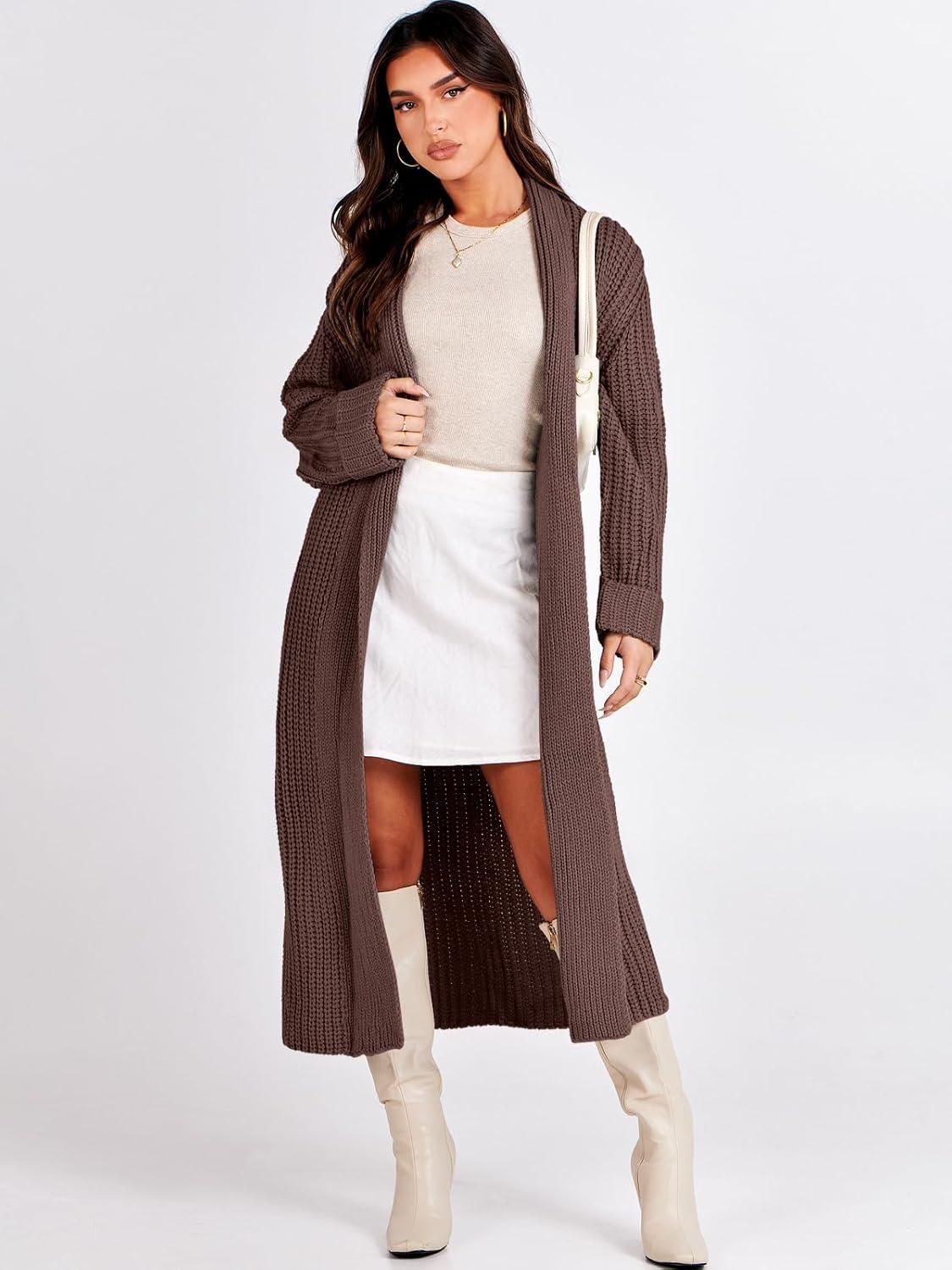 imageANRABESS Women Knit Long Cardigan Long Sleeve Open Front Lapel Oversized Sweater Coat 2025 Fall Duster Outerwear ClothesRed Brown