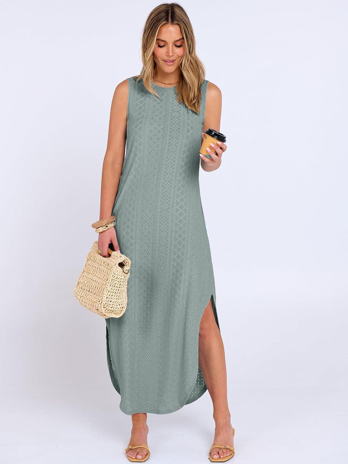 imageANRABESS Women Maxi Dress Summer Casual Loose Sleeveless Sundress Coverup Beach Eyelet Dresses 2026 Vacation Travel OutfitsGrey Green