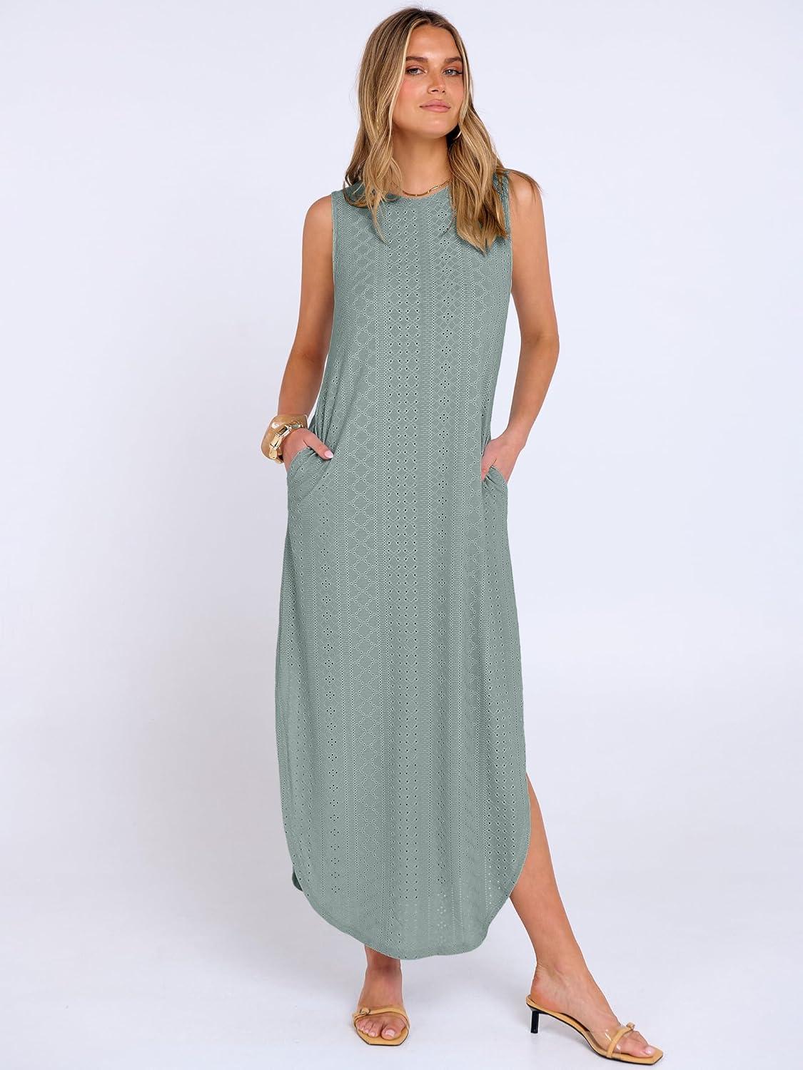 imageANRABESS Women Maxi Dress Summer Casual Loose Sleeveless Sundress Coverup Beach Eyelet Dresses 2026 Vacation Travel OutfitsGrey Green
