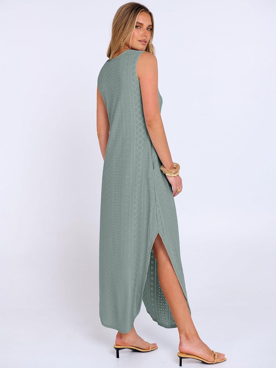 imageANRABESS Women Maxi Dress Summer Casual Loose Sleeveless Sundress Coverup Beach Eyelet Dresses 2026 Vacation Travel OutfitsGrey Green