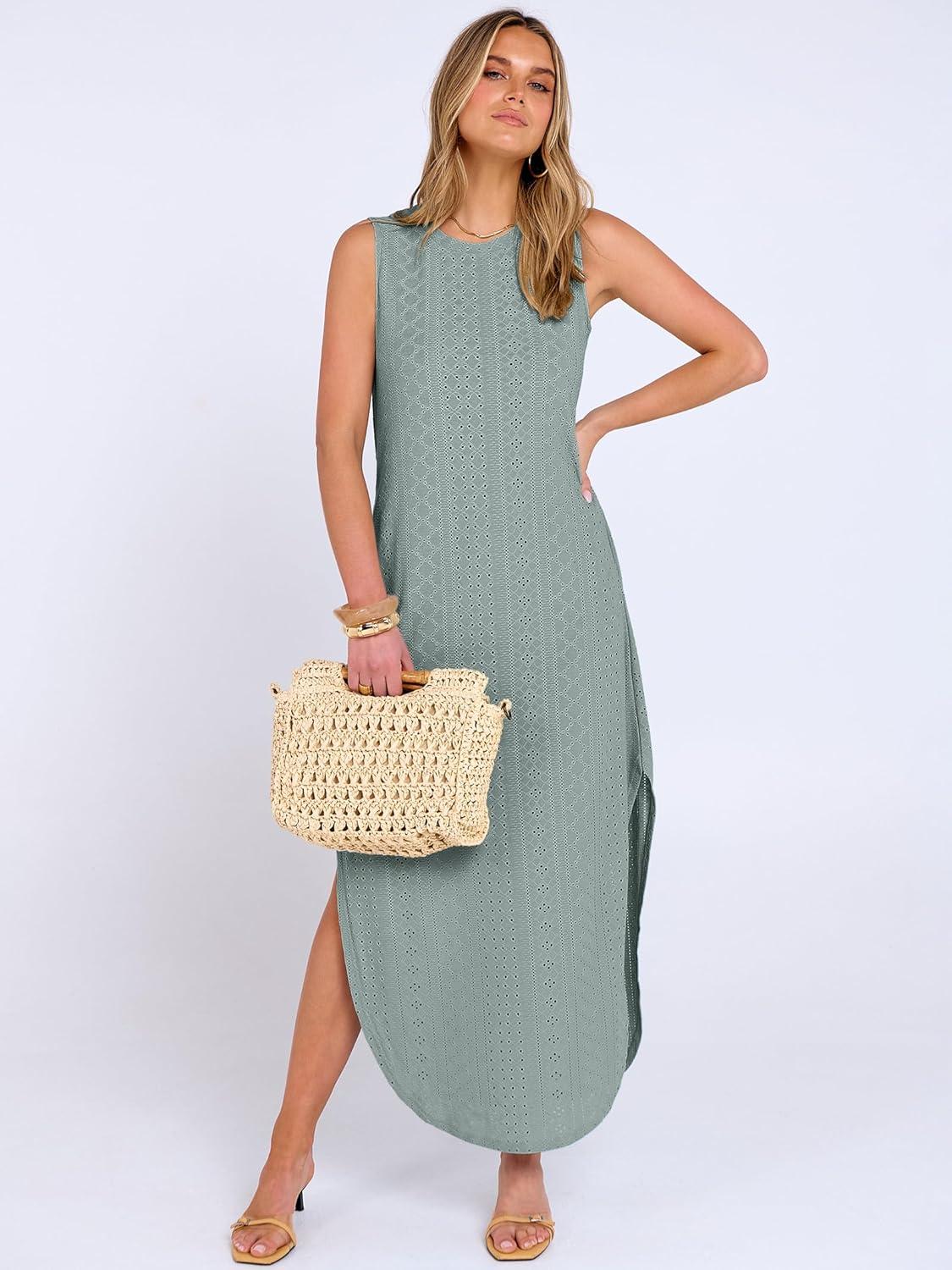 imageANRABESS Women Maxi Dress Summer Casual Loose Sleeveless Sundress Coverup Beach Eyelet Dresses 2026 Vacation Travel OutfitsGrey Green