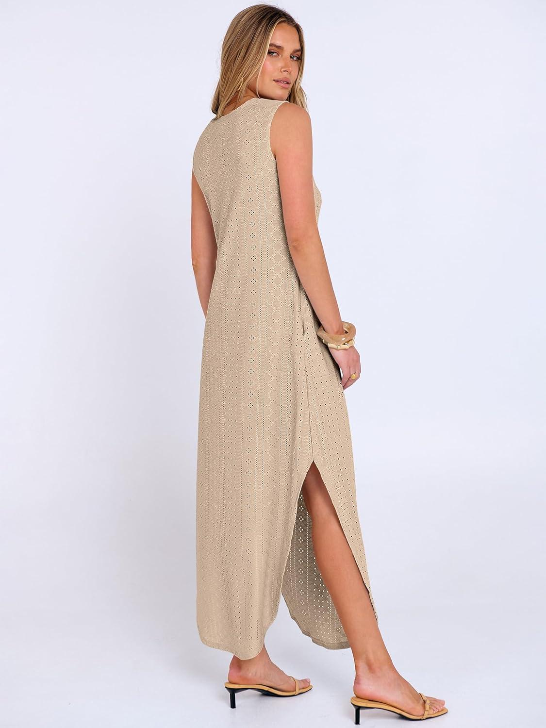 imageANRABESS Women Maxi Dress Summer Casual Loose Sleeveless Sundress Coverup Beach Eyelet Dresses 2026 Vacation Travel OutfitsKhaki