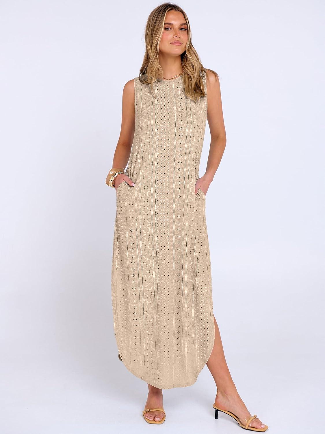 imageANRABESS Women Maxi Dress Summer Casual Loose Sleeveless Sundress Coverup Beach Eyelet Dresses 2026 Vacation Travel OutfitsKhaki