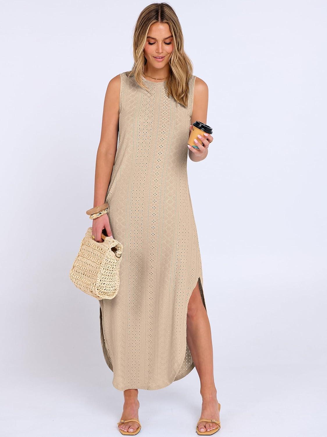 imageANRABESS Women Maxi Dress Summer Casual Loose Sleeveless Sundress Coverup Beach Eyelet Dresses 2026 Vacation Travel OutfitsKhaki