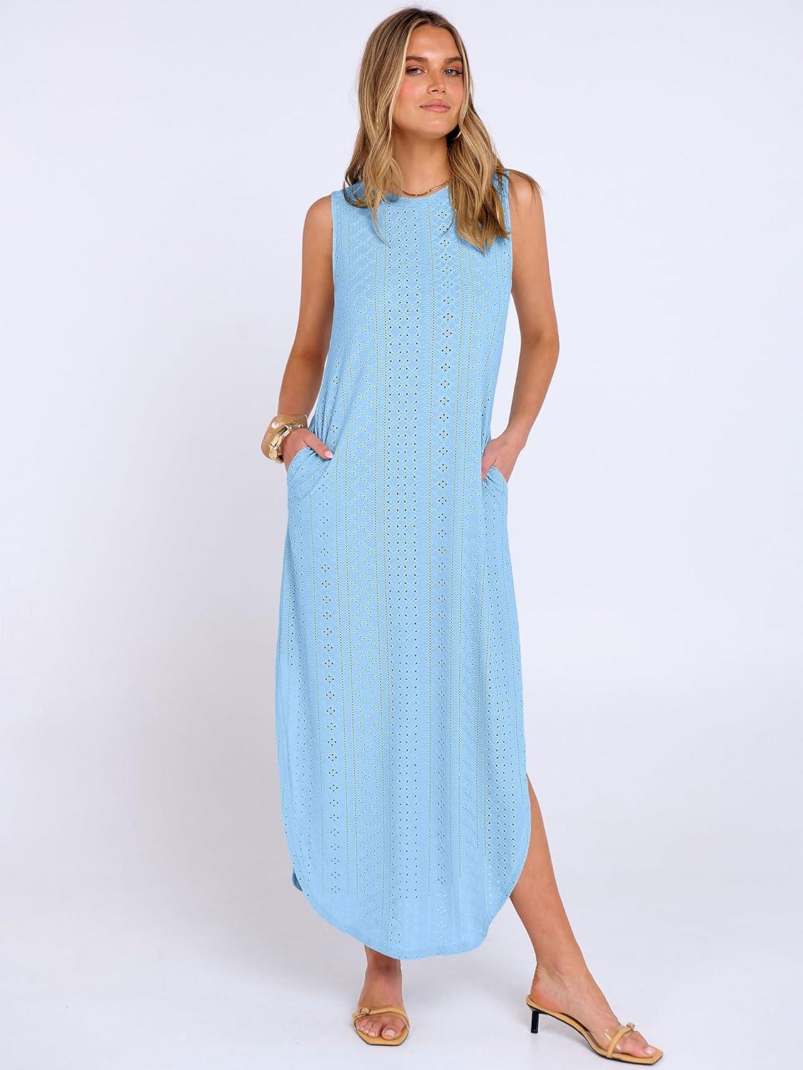 imageANRABESS Women Maxi Dress Summer Casual Loose Sleeveless Sundress Coverup Beach Eyelet Dresses 2026 Vacation Travel OutfitsLight Blue