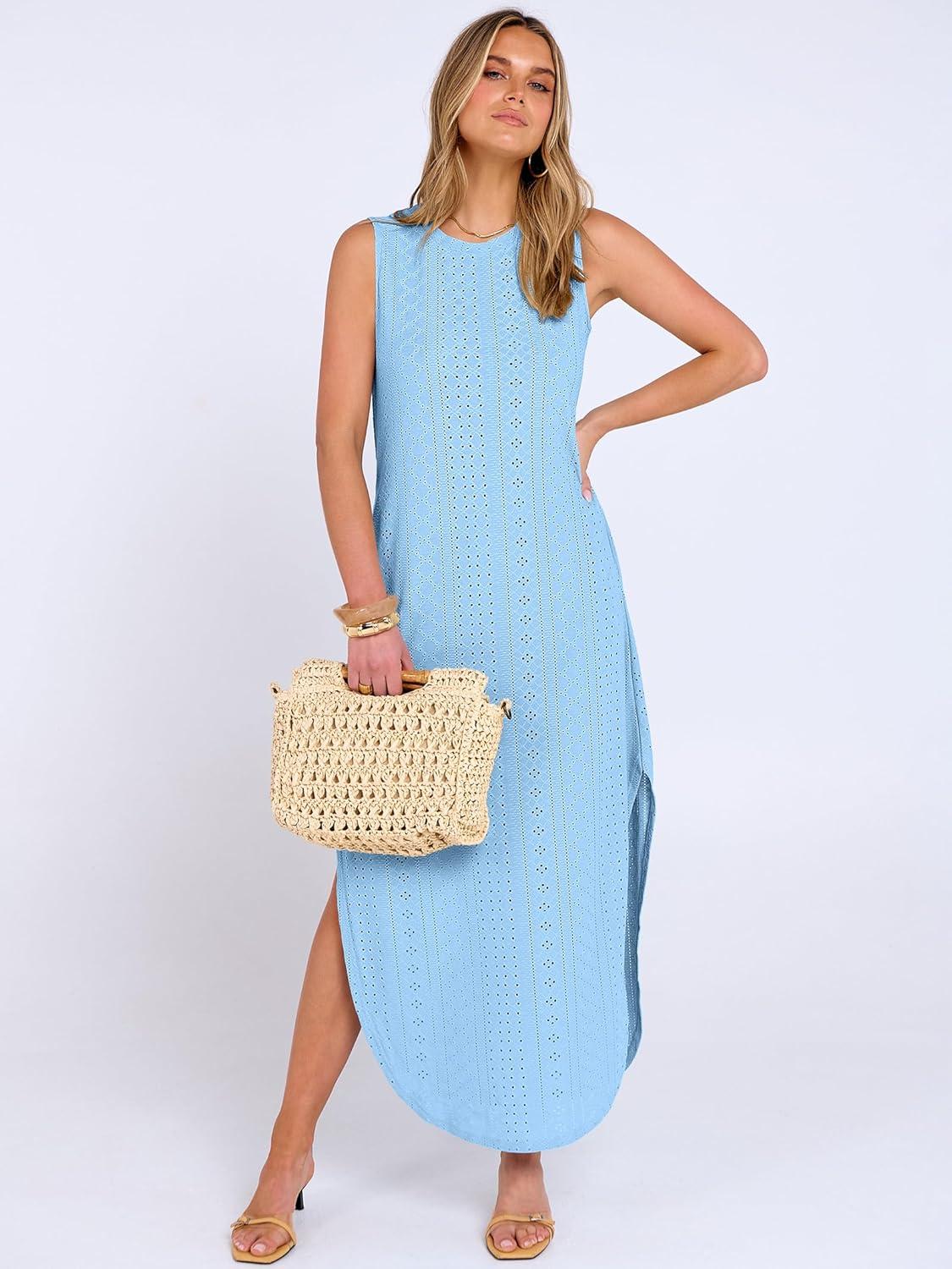 imageANRABESS Women Maxi Dress Summer Casual Loose Sleeveless Sundress Coverup Beach Eyelet Dresses 2026 Vacation Travel OutfitsLight Blue