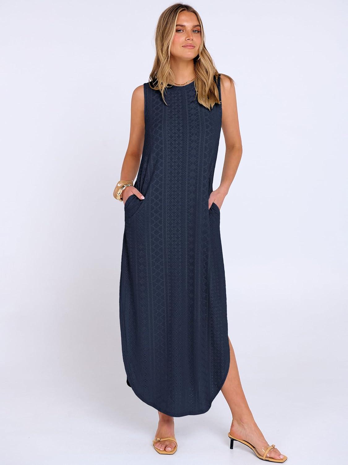 imageANRABESS Women Maxi Dress Summer Casual Loose Sleeveless Sundress Coverup Beach Eyelet Dresses 2026 Vacation Travel OutfitsNavy Blue