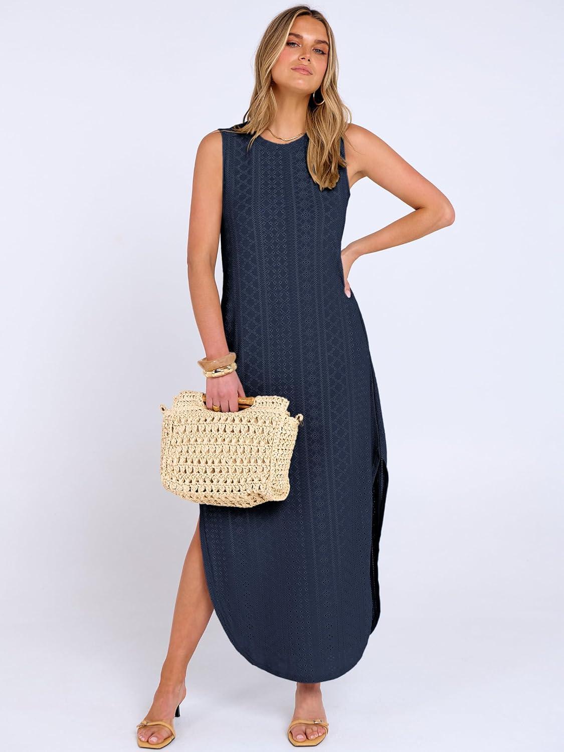 imageANRABESS Women Maxi Dress Summer Casual Loose Sleeveless Sundress Coverup Beach Eyelet Dresses 2026 Vacation Travel OutfitsNavy Blue