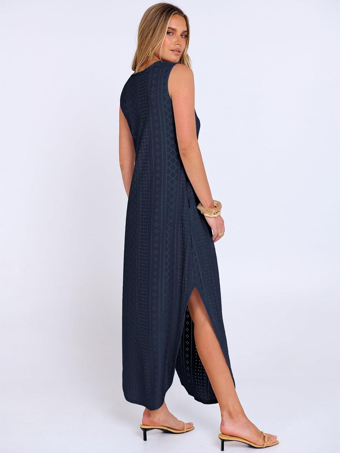 imageANRABESS Women Maxi Dress Summer Casual Loose Sleeveless Sundress Coverup Beach Eyelet Dresses 2026 Vacation Travel OutfitsNavy Blue