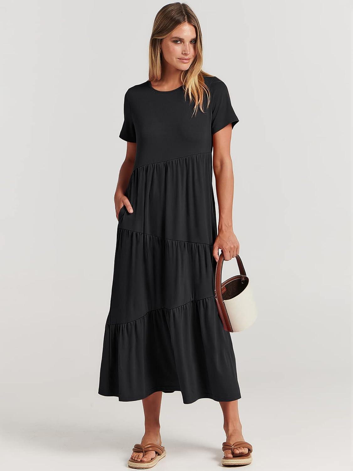 imageANRABESS Women Summer Maxi Dress Short Sleeve Swing Casual Asymmetric Tiered Vacation Long Beach Sundress OutfitsBlack