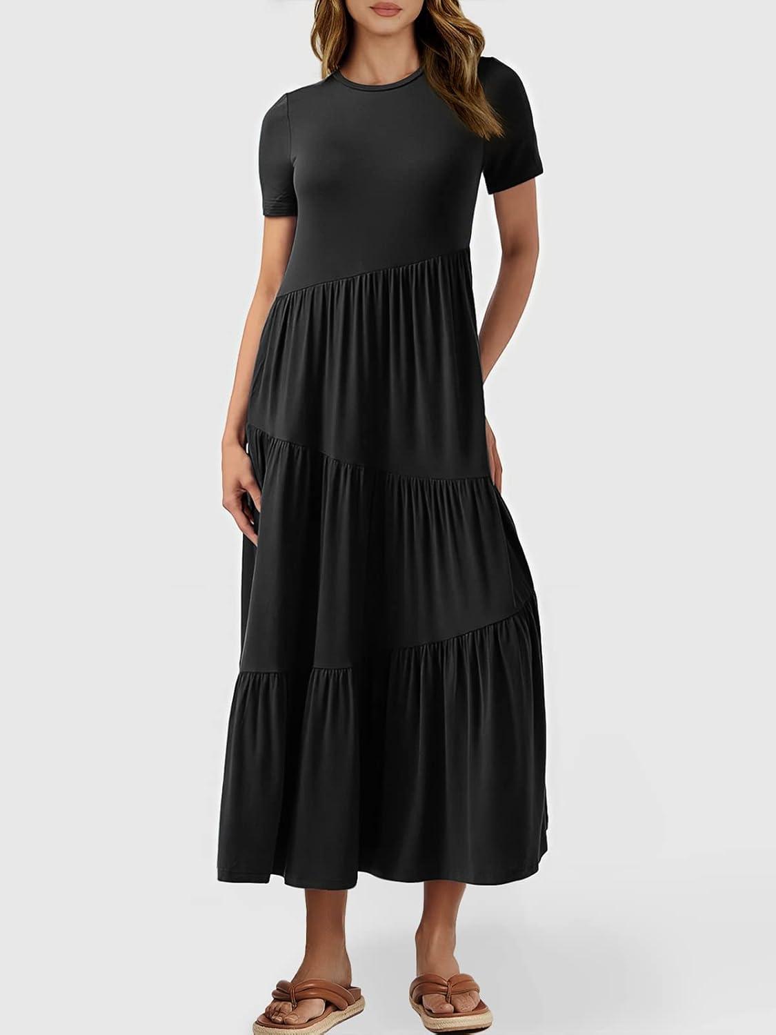 imageANRABESS Women Summer Maxi Dress Short Sleeve Swing Casual Asymmetric Tiered Vacation Long Beach Sundress OutfitsBlack