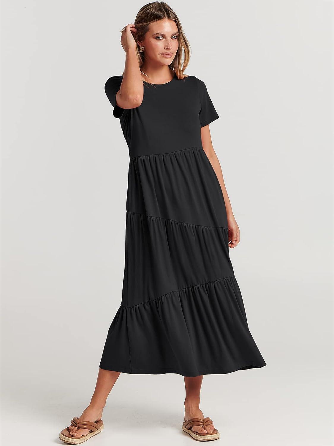 imageANRABESS Women Summer Maxi Dress Short Sleeve Swing Casual Asymmetric Tiered Vacation Long Beach Sundress OutfitsBlack