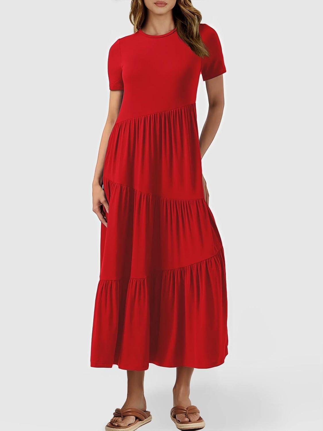 imageANRABESS Women Summer Maxi Dress Short Sleeve Swing Casual Asymmetric Tiered Vacation Long Beach Sundress OutfitsRed