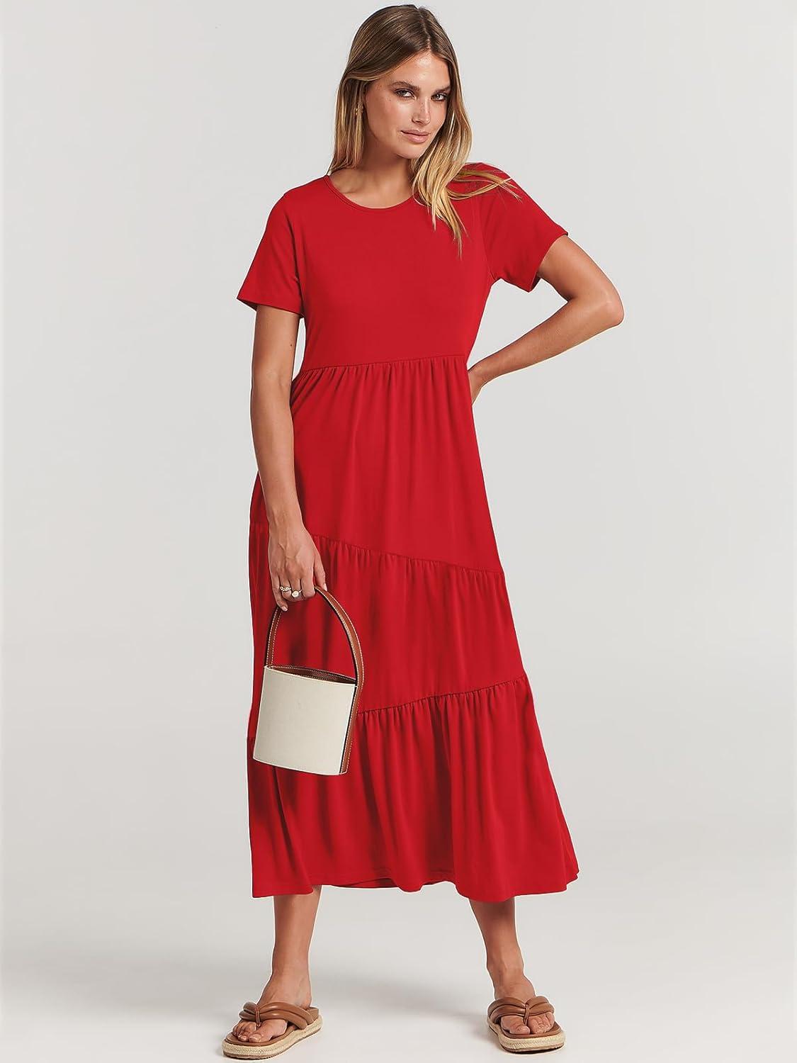 imageANRABESS Women Summer Maxi Dress Short Sleeve Swing Casual Asymmetric Tiered Vacation Long Beach Sundress OutfitsRed