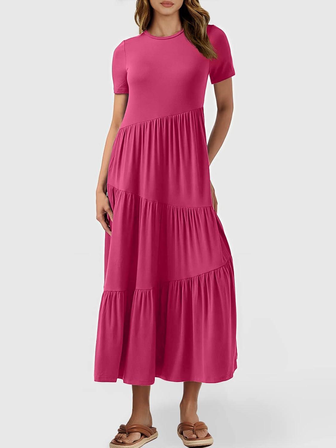 imageANRABESS Women Summer Maxi Dress Short Sleeve Swing Casual Asymmetric Tiered Vacation Long Beach Sundress OutfitsRose