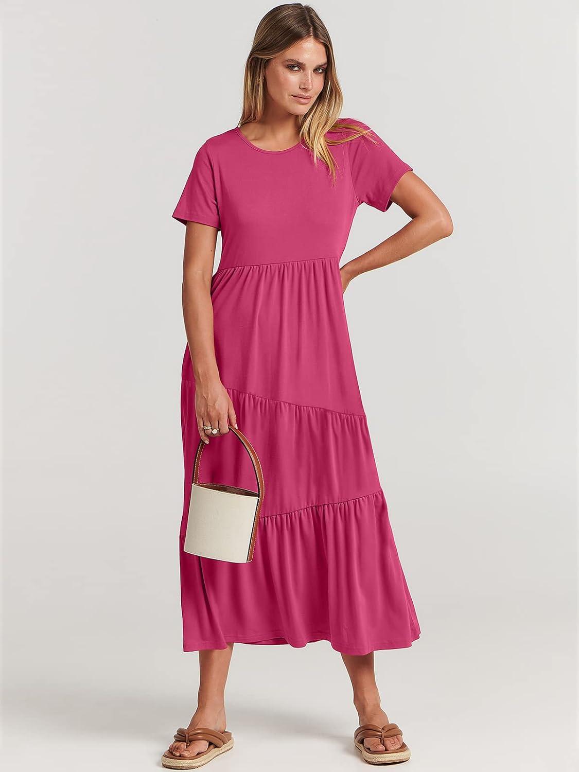 imageANRABESS Women Summer Maxi Dress Short Sleeve Swing Casual Asymmetric Tiered Vacation Long Beach Sundress OutfitsRose