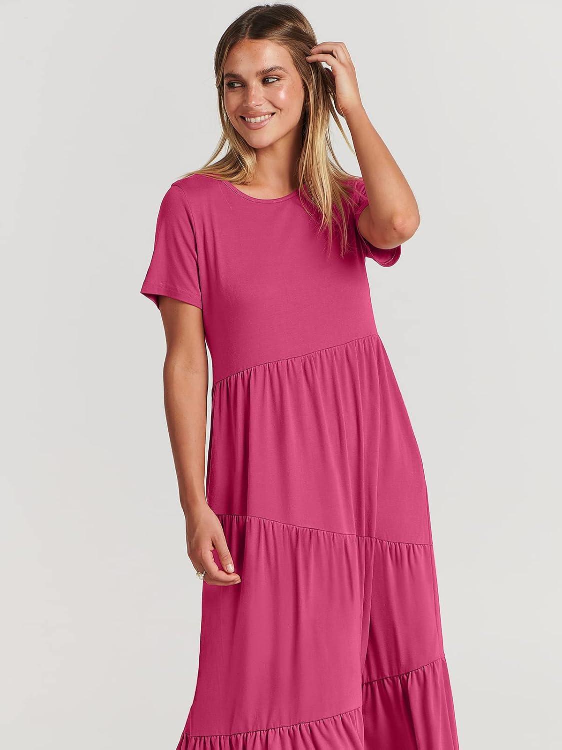 imageANRABESS Women Summer Maxi Dress Short Sleeve Swing Casual Asymmetric Tiered Vacation Long Beach Sundress OutfitsRose