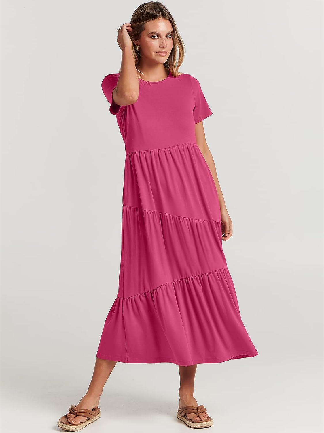 imageANRABESS Women Summer Maxi Dress Short Sleeve Swing Casual Asymmetric Tiered Vacation Long Beach Sundress OutfitsRose