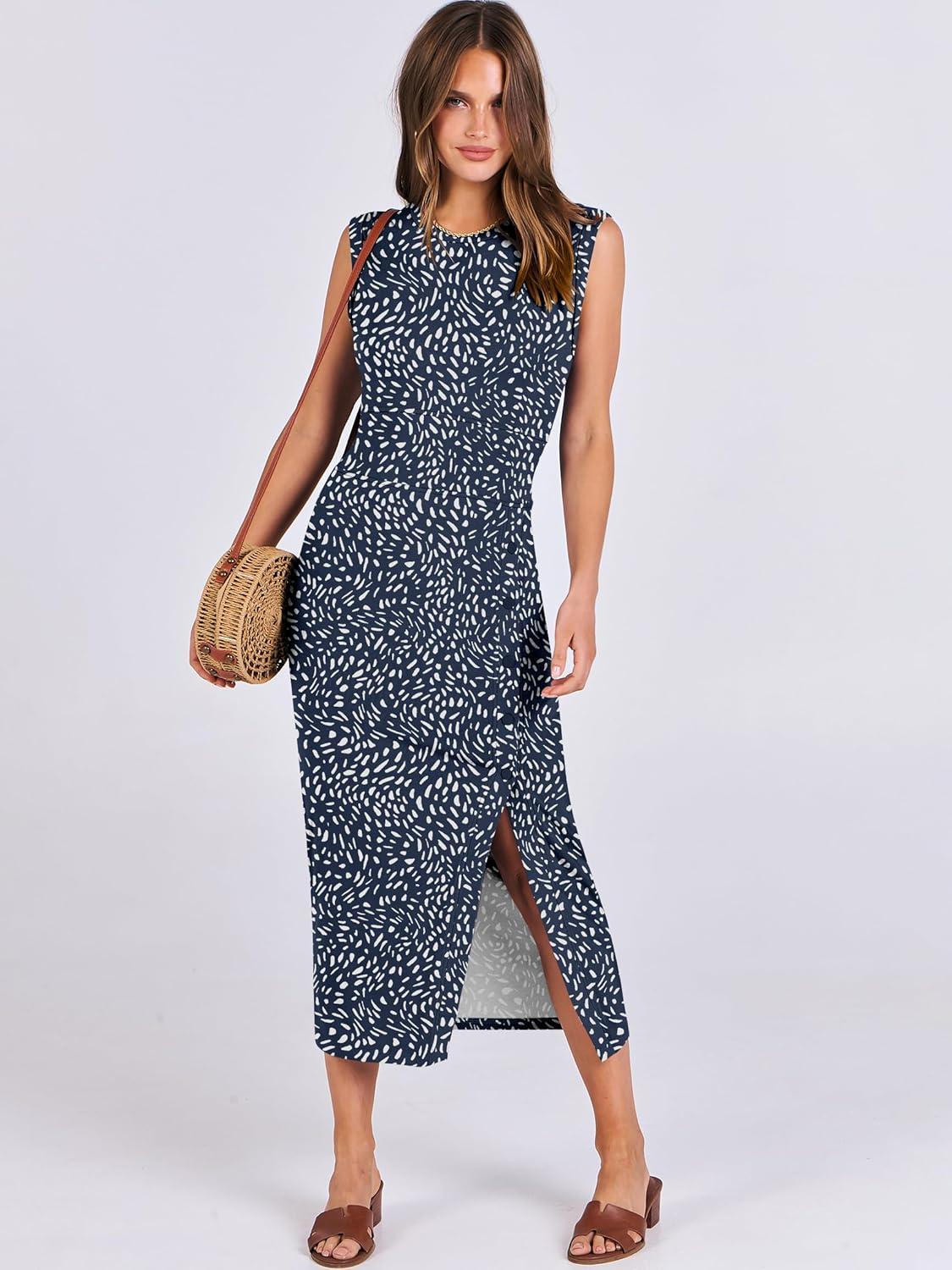 imageANRABESS Womens Slim Fit Tank Dresses Sexy Button Slit Bodycon Business Work Sundresses 2025 Summer Trendy Club Midi DressWhite Dot