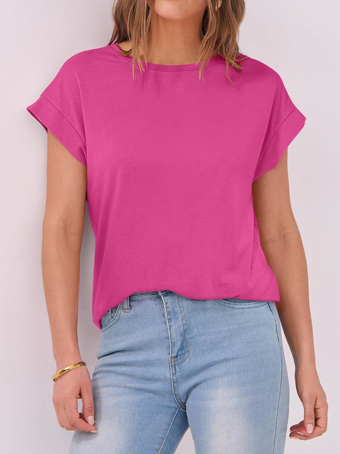 imageANRABESS Womens Tops Summer Cap Sleeve Basic Tee Shirts 2025 Trendy Loose Fit Casual Dressy Business Work Tshirts ClothesHot Pink