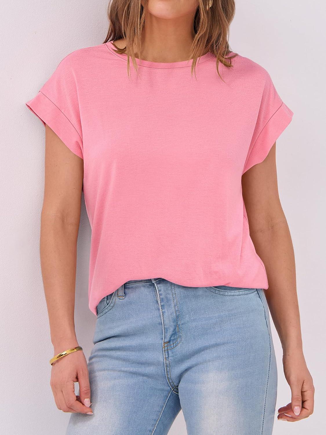 imageANRABESS Womens Tops Summer Cap Sleeve Basic Tee Shirts 2025 Trendy Loose Fit Casual Dressy Business Work Tshirts ClothesPink