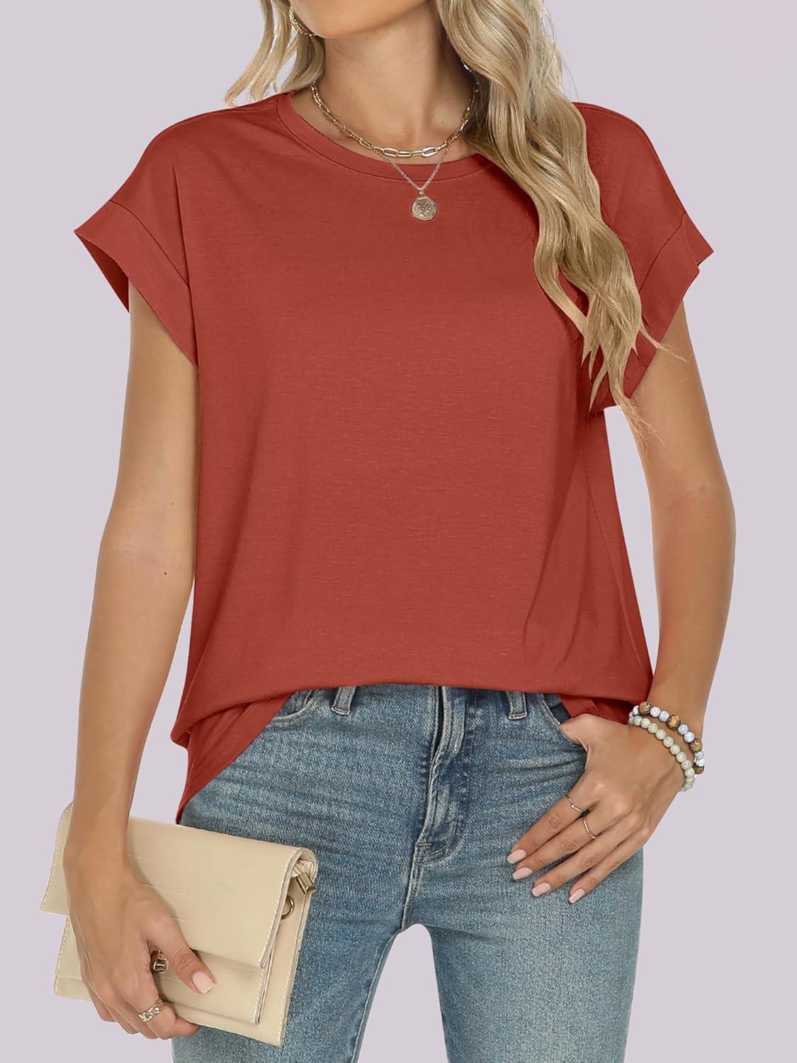 imageANRABESS Womens Tops Summer Cap Sleeve Basic Tee Shirts 2025 Trendy Loose Fit Casual Dressy Business Work Tshirts ClothesRust