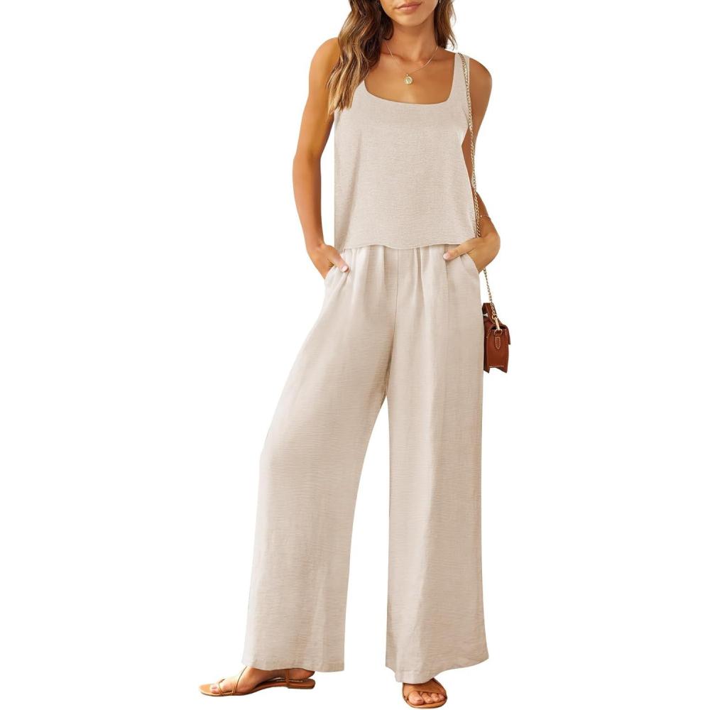 imageANRABESS 2 Piece Sets for Women Outfits Lounge Matching Casual Travel Wide Leg Pants Crop Top Summer Vacation Beach ClothesBeige