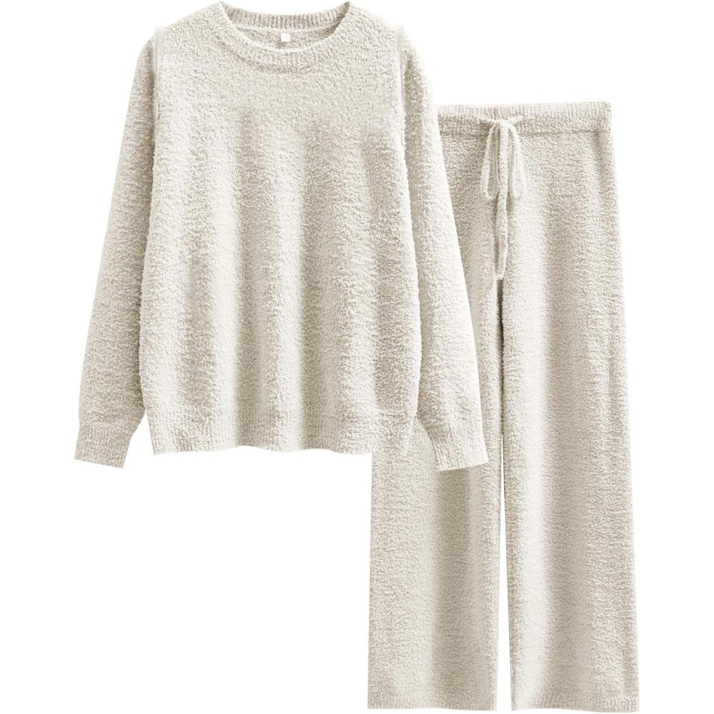 imageANRABESS Womens Fuzzy Fleece Pajama Sets 2 Piece Outfits Long Sleeve Top Wide Leg Pants Lounge Matching Set 2025 Fall WinterBeige