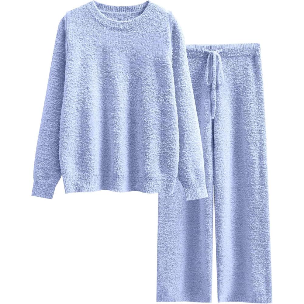 imageANRABESS Womens Fuzzy Fleece Pajama Sets 2 Piece Outfits Long Sleeve Top Wide Leg Pants Lounge Matching Set 2025 Fall WinterBlue