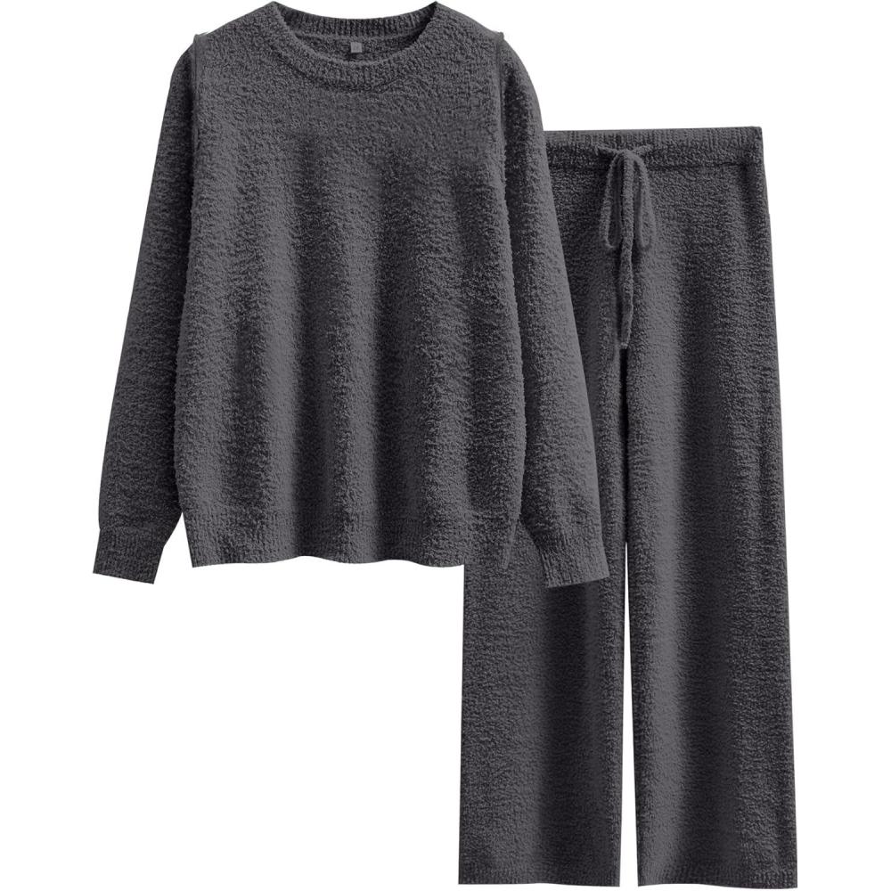 imageANRABESS Womens Fuzzy Fleece Pajama Sets 2 Piece Outfits Long Sleeve Top Wide Leg Pants Lounge Matching Set 2025 Fall WinterDeep Gray