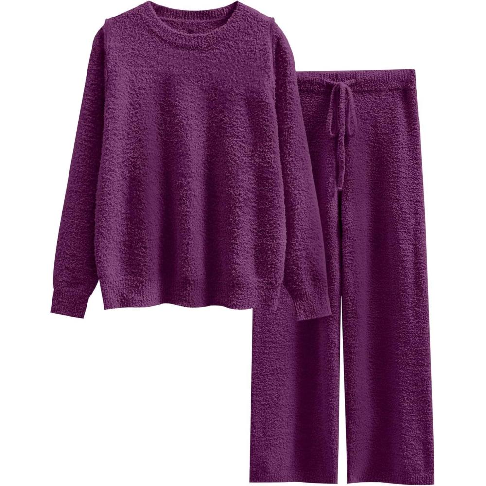imageANRABESS Womens Fuzzy Fleece Pajama Sets 2 Piece Outfits Long Sleeve Top Wide Leg Pants Lounge Matching Set 2025 Fall WinterDeep Viole