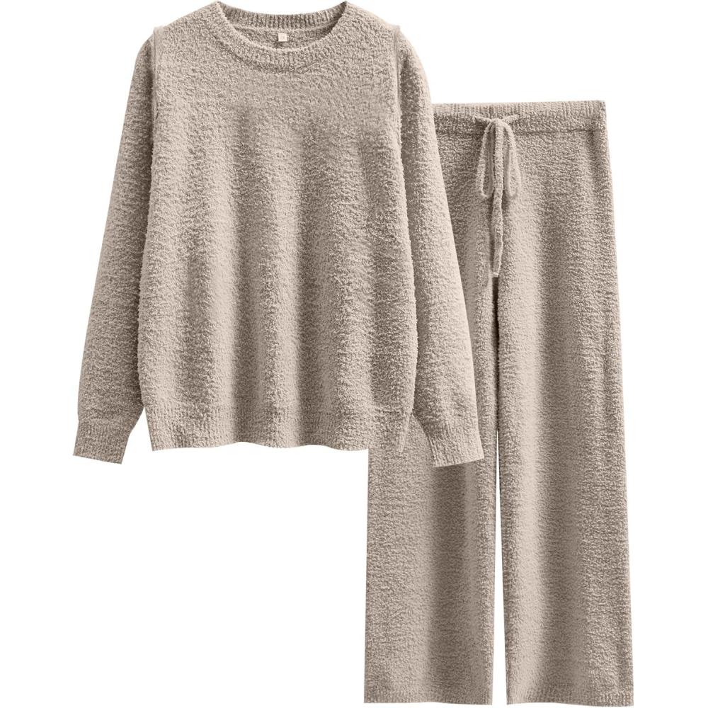 imageANRABESS Womens Fuzzy Fleece Pajama Sets 2 Piece Outfits Long Sleeve Top Wide Leg Pants Lounge Matching Set 2025 Fall WinterLight Khaki