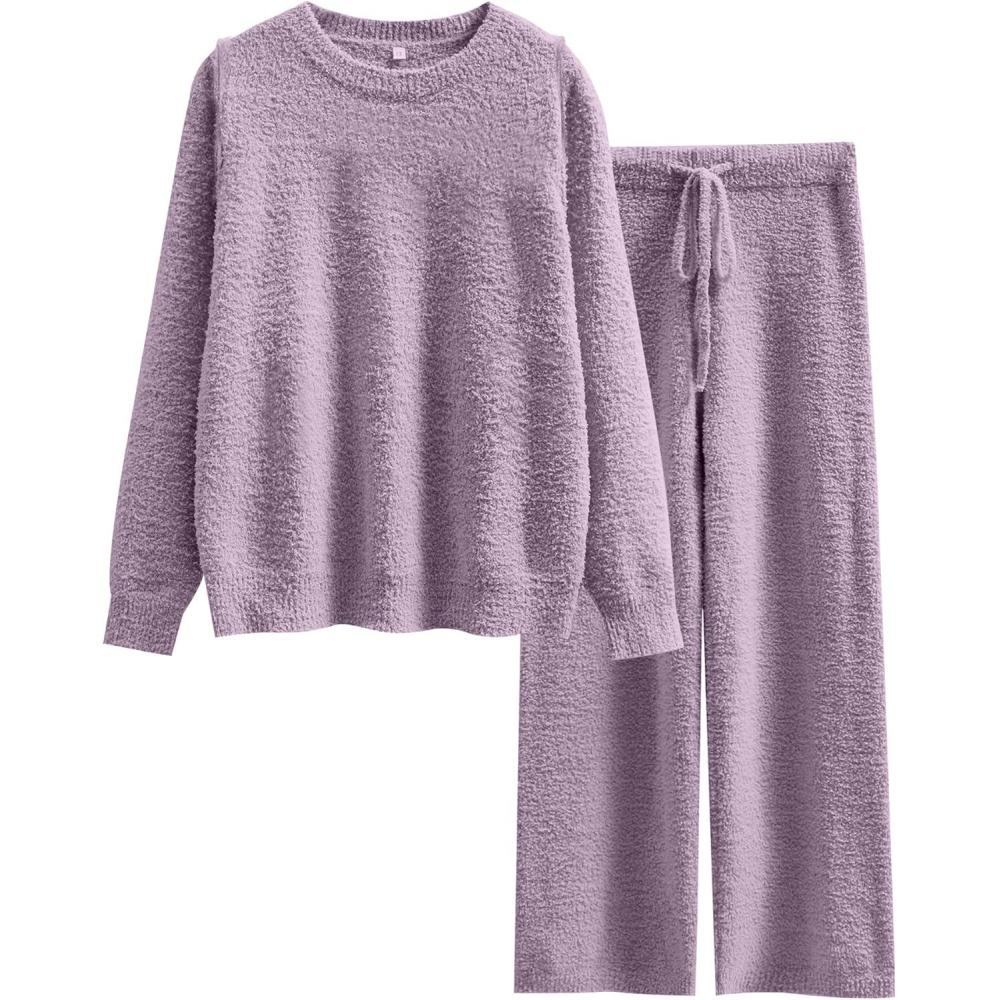 imageANRABESS Womens Fuzzy Fleece Pajama Sets 2 Piece Outfits Long Sleeve Top Wide Leg Pants Lounge Matching Set 2025 Fall WinterPurple