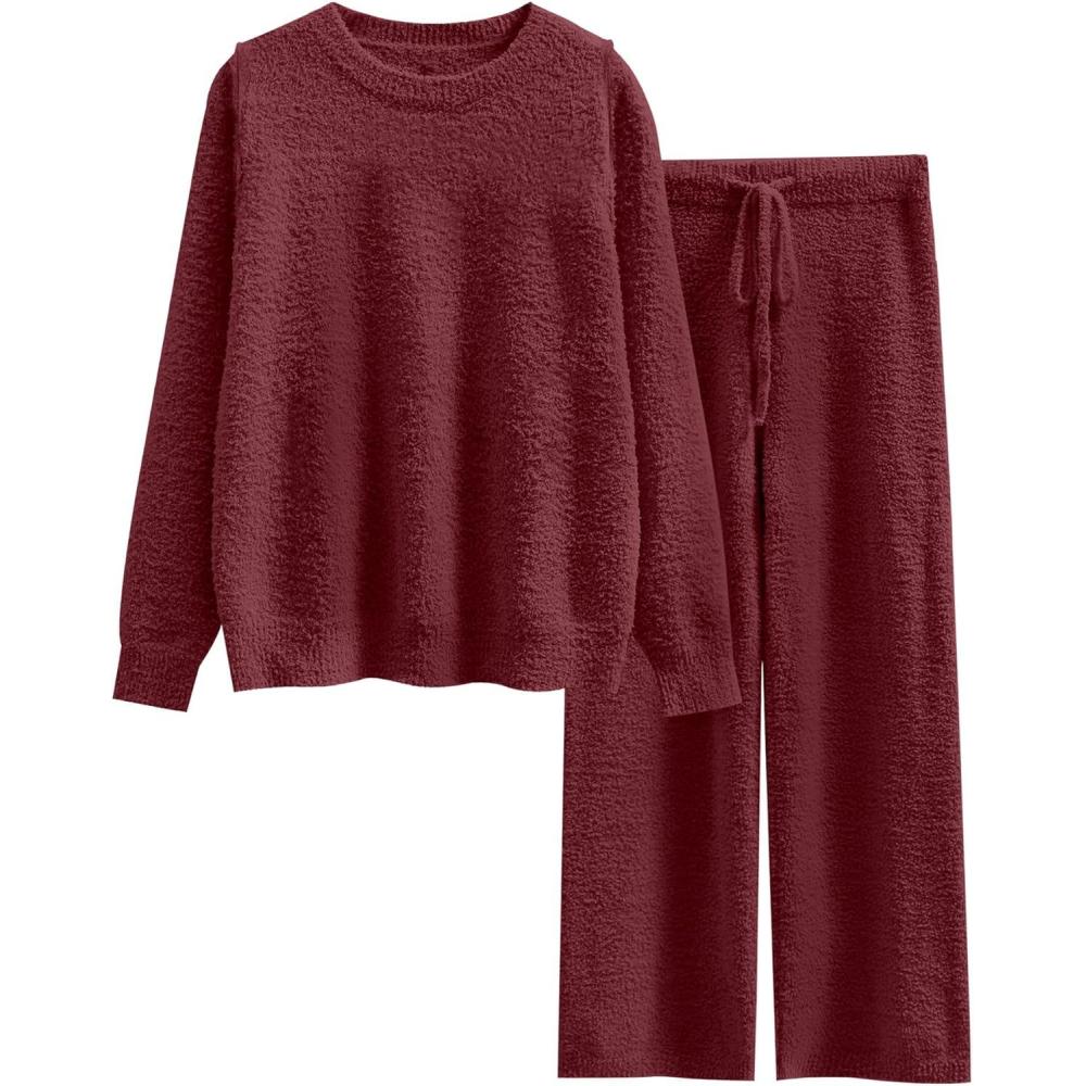 imageANRABESS Womens Fuzzy Fleece Pajama Sets 2 Piece Outfits Long Sleeve Top Wide Leg Pants Lounge Matching Set 2025 Fall WinterWine Red