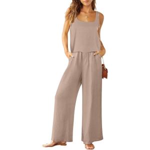 ANRABESS 2 Piece Sets for Women Outfits Lounge Matching Casual Travel Wide Leg Pants Crop Top Summer Vacation Beach Clothes(Brown)