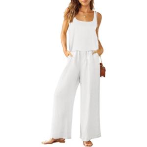 ANRABESS 2 Piece Sets for Women Outfits Lounge Matching Casual Travel Wide Leg Pants Crop Top Summer Vacation Beach Clothes(White)