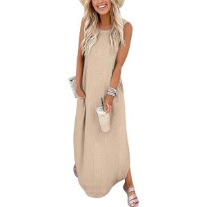 ANRABESS Women Maxi Dress Summer Casual Loose Sleeveless Sundress Coverup Beach Eyelet Dresses 2026 Vacation Travel Outfits(Khaki)