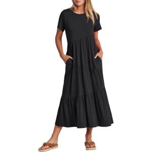 ANRABESS Women Summer Maxi Dress Short Sleeve Swing Casual Asymmetric Tiered Vacation Long Beach Sundress Outfits(Black)