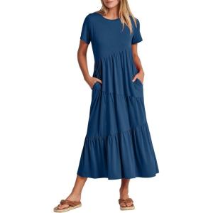 ANRABESS Women Summer Maxi Dress Short Sleeve Swing Casual Asymmetric Tiered Vacation Long Beach Sundress Outfits(Blue)
