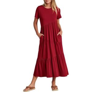 ANRABESS Women Summer Maxi Dress Short Sleeve Swing Casual Asymmetric Tiered Vacation Long Beach Sundress Outfits(Burgundy)
