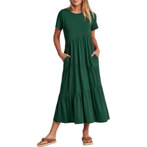 ANRABESS Women Summer Maxi Dress Short Sleeve Swing Casual Asymmetric Tiered Vacation Long Beach Sundress Outfits(Deep Green)