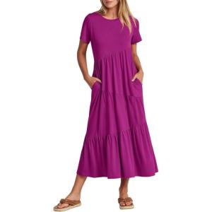 ANRABESS Women Summer Maxi Dress Short Sleeve Swing Casual Asymmetric Tiered Vacation Long Beach Sundress Outfits(Fuchsia)