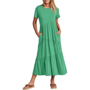 ANRABESS Women Summer Maxi Dress Short Sleeve Swing Casual Asymmetric Tiered Vacation Long Beach Sundress Outfits(Grass)
