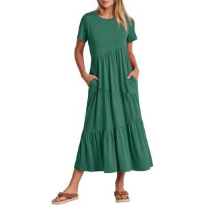 ANRABESS Women Summer Maxi Dress Short Sleeve Swing Casual Asymmetric Tiered Vacation Long Beach Sundress Outfits(Green)
