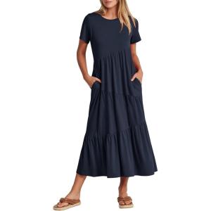 ANRABESS Women Summer Maxi Dress Short Sleeve Swing Casual Asymmetric Tiered Vacation Long Beach Sundress Outfits(Navy Blue)