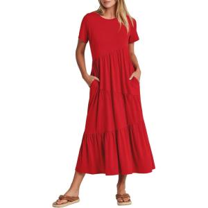 ANRABESS Women Summer Maxi Dress Short Sleeve Swing Casual Asymmetric Tiered Vacation Long Beach Sundress Outfits(Red)