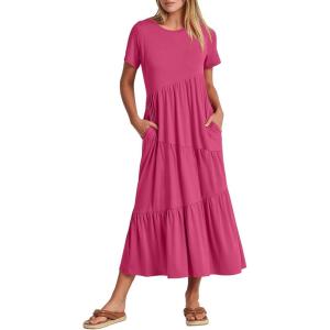 ANRABESS Women Summer Maxi Dress Short Sleeve Swing Casual Asymmetric Tiered Vacation Long Beach Sundress Outfits(Rose)